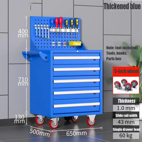 Five Drawer Rolling Tool Cart With Wheels And Keyed Lock Pegboard Included Boss Grade Heavy Duty Mobile Tool Chest On Wheels For Garage Workshop And Warehouse Durable Blue Finish, 650x500x710 mm