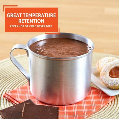 Aluminum Camping Mug With Side Handle Stove Top Safe 0.7 Quart Cup In Silver filled with hot cocoa, shown with cookies and chocolate.