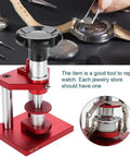 Pro Grade Screw Type Watch Press Tool With Gradual Pressure Control for crystal bezel replacement shown on a table.