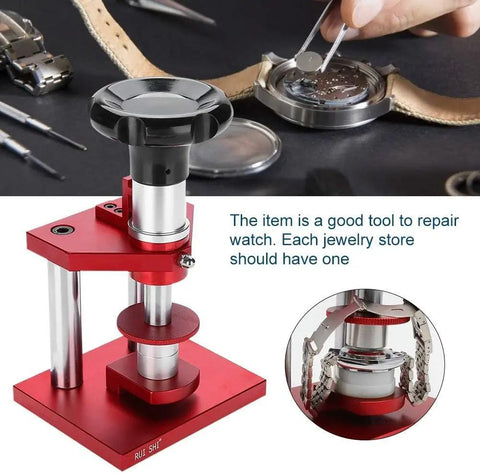 Pro Grade Screw Type Watch Press Tool With Gradual Pressure Control for crystal bezel replacement shown on a table.