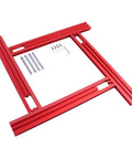 Heavy Duty Adjustable Router Jig For Cutting Boards featuring sturdy red aluminum frame, assembly components laid out.