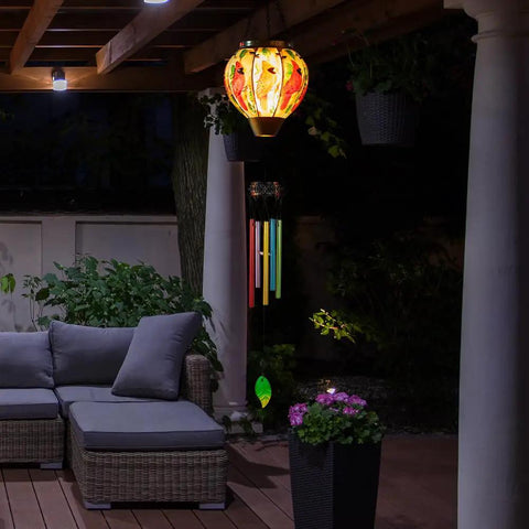 Solar Wind Chimes For Outdoors Featuring Cardinal Hot Air Balloon Glass Wind Chimes With Flickering Flame Night Light Music