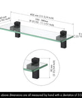 Two Pack 16 Inch Tempered Glass Bathroom Shelves With Matte Black Wall Mount Floating Shelves dimensional diagram