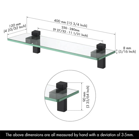 Two Pack 16 Inch Tempered Glass Bathroom Shelves With Matte Black Wall Mount Floating Shelves dimensional diagram