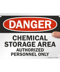 Heavy Duty Aluminum Hazard Warning Plate 7 X 10 Inches Built Like A Tank For Chemical Storage Areas And Authorized Personnel Only Rust Free Fade Resistant Print, held by hand.