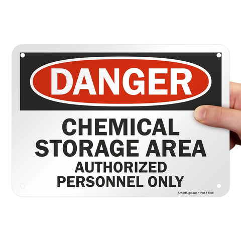 Heavy Duty Aluminum Hazard Warning Plate 7 X 10 Inches Built Like A Tank For Chemical Storage Areas And Authorized Personnel Only Rust Free Fade Resistant Print, held by hand.