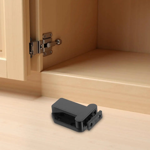 Eight Pack Push To Open Cabinet Latches Black Hidden Push Touch Latch beside a wooden cabinet for easy one hand access