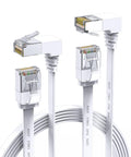Two Pack Right Angle Cat6 Ethernet Cable 6Ft Flat Patch Cord White 90 Degree Up And Down Angles For Tight Spaces Behind Furniture Or Wall Plate High Speed 10Gbps LAN Cable on white background