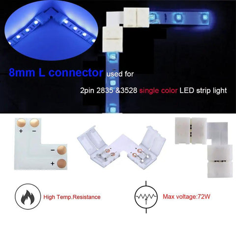 2Pin 8mm LED Strip Connector Kit With Right Angle Corner for SMD2835, including L connectors, close-up view, max voltage 72W