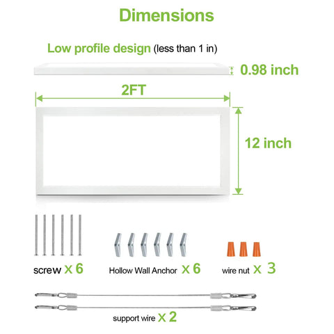 Dimensions and installation kit for Two Pack 1x2 Ft LED Flat Panel Light With 3CCT Selectable 3000K 4000K 5000K Dimmable