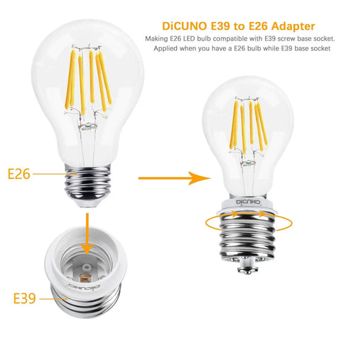 E39 To E26 Light Bulb Socket Adapter No Fuss Mogul E39 To Standard E26 Screw Base Converter diagram with arrows
