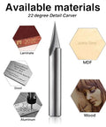 1/4 Inch Shank 22 Degree Engraving Router Bit For CNC Wood Carving With V Groove Profile shown with compatible materials: laminate, MDF, steel, aluminum, and wood