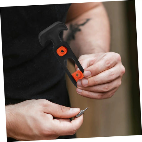 Person holding part of Beefy Heavy Duty Hood Latches Kit for Cars with T Handle Rubber Shock Absorption tool.