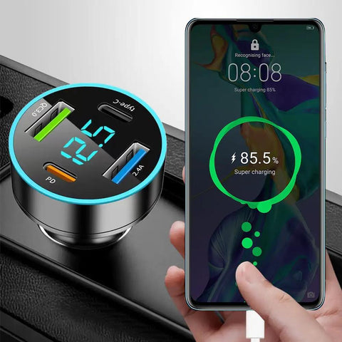 Straight Up Fast Four Port Car Charger Featuring Digital Voltmeter Pd Qc3.0 Usb C Cigarette Lighter Plug Zero Fuss Setup For Iphone Samsung And Android Riders charging a smartphone with visible LED display.