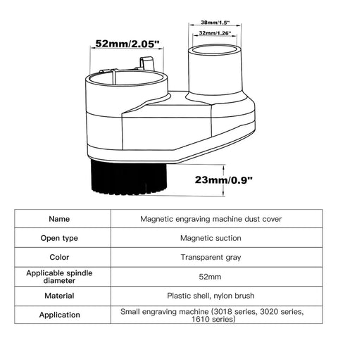 Badass 52Mm Cnc Dust Shoe Paired With A 38Mm Vacuum Hose And Heavy Duty Magnetic Mount Adjustable Height diagram showing dimensions and materials.