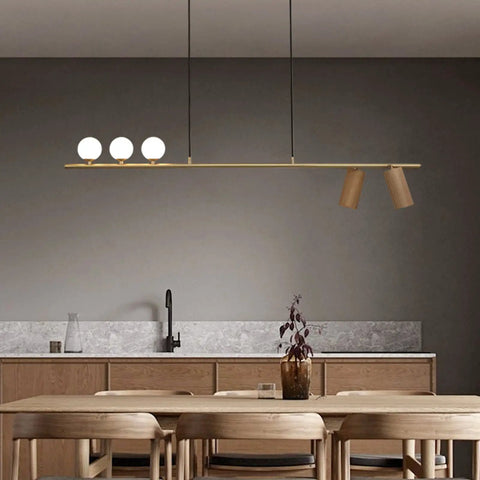 Top Shelf Real Walnut Ceiling Pendant Light, Sleek Chinese Modern Dining Room Chandelier, Heavy Duty Restaurant Hanging Lamp Fixture For Kitchens Bars And Tea Houses in a contemporary kitchen setting.