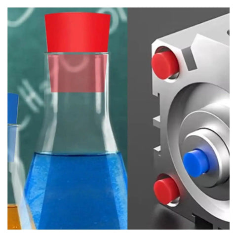 Super Tough High Temp Silicone Rubber Tapered Plugs Kit With Conical Hole Stoppers For Sealing, Cracking Resistant And Heat Proof Stopper Solution That Fits Like A Charm, red and blue tapered silicone plugs in metal opening