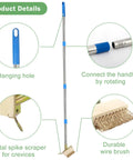 Crack Weeder And Moss Remover Tool With 67 Inch Handle featuring two brush heads and metal spike for crevices, detailed view