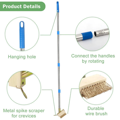 Crack Weeder And Moss Remover Tool With 67 Inch Handle featuring two brush heads and metal spike for crevices, detailed view
