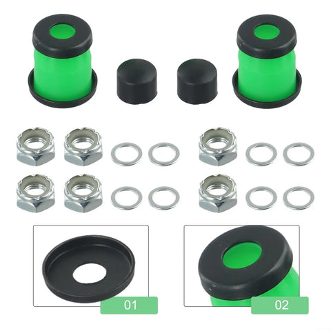 Pivot Tube Maintenance Kit For Skateboards And Longboards With Pivot Cups Axle Nuts Speed Rings Cylindrical And Tapered Bushings In Green This Rebuild Set Keeps Your Trucks Solid And Smooth displayed on a white background