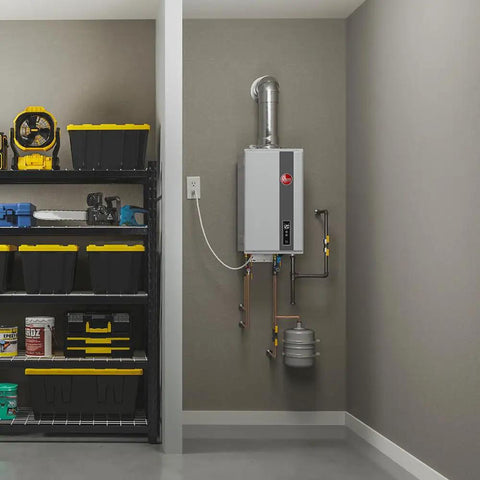 Next Level Liquid Propane Tankless Water Heater 180000 BTU 8.4 GPM High Efficiency Indoor System mounted on wall in utility room.