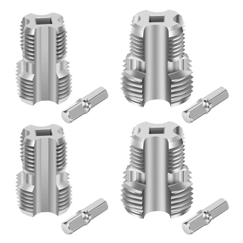 Premium Carbon Steel PVC Pipe Threader Kit For 1/2, 3/4 And One Inch Plastic Pipe Taps with hex shank and threaded dies.