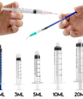 Assorted Pro Grade Glue Applicator Syringe Set with Blunt Tip Needles and Caps on display, showing 1ml to 20ml sizes.