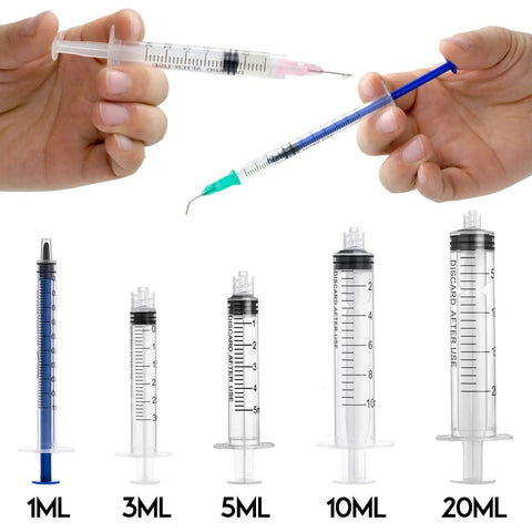 Assorted Pro Grade Glue Applicator Syringe Set with Blunt Tip Needles and Caps on display, showing 1ml to 20ml sizes.