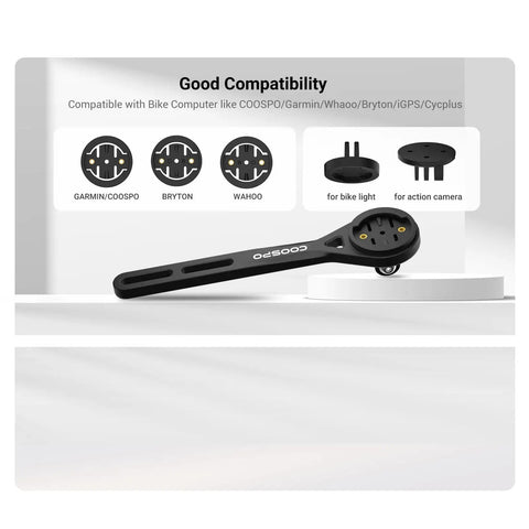 Out Front Bike Computer Mount MT6S Extended Handlebar Mount For Aero Ready Setups With Easy Install Universal Fit Compatible With Garmin Edge Wahoo ELEMNT Bryton iGPSPORT And GoPro Mount Adapter, black mount with adapters shown