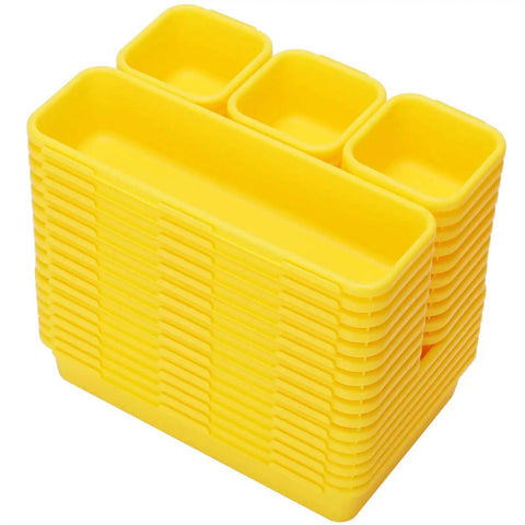 Stack of 42 Pack Tool Box Organizer Tray Dividers in yellow, perfect for sorting hardware in tool carts and workbench drawers.