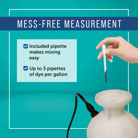 Front view of Maplefield blue spray indicator dye bottle (8 oz) with included pipette and spray bottle.