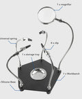 Soldering Helper Arm With 3X Magnifying Lamp The Ultimate Third Hand Soldering Station For PCB And Circuit Boards Adjustable 360 Degree Arm Hands Free Precision Electronics Stand featuring magnifier, clips, and storage tray on silicone base.
