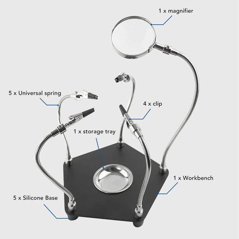 Soldering Helper Arm With 3X Magnifying Lamp The Ultimate Third Hand Soldering Station For PCB And Circuit Boards Adjustable 360 Degree Arm Hands Free Precision Electronics Stand featuring magnifier, clips, and storage tray on silicone base.