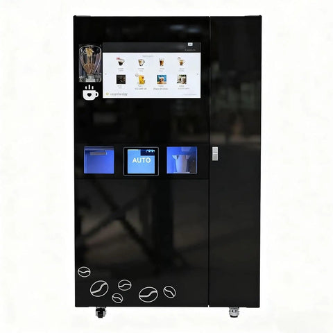 Front view of a Hotel Coffee Vending Station with Bean to Cup Brew, 10.1 inch touchscreen, and fresh milk frother.
