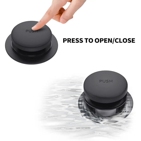 Universal All Metal Bath Tub Drain And Overflow Kit With Easy Install, Matte Black Tub Drain Replacement showing push mechanism.