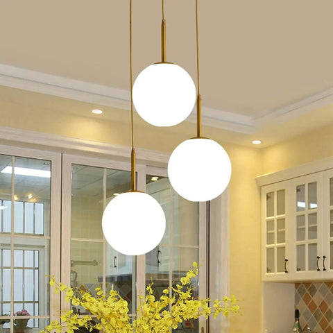 Three Head Brass Pendant Light Fixture With Cream Glass Shades, Modern Cluster Ceiling Light For Kitchen Island and Bedroom