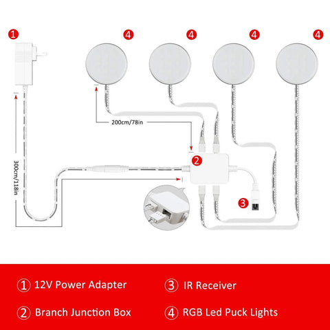 Diagram showing Under Cabinet Lighting Kit With RGB Puck Lights And Remote Color Changing 12V Plug In LED Kit for installation.