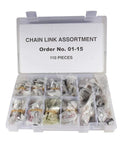 Roller Chain Link Assortment Display Shelf For Garage And Workshop Tools, DIY Friendly Durable Metal Chain Link Kit With Mixed Sizes, Easy Access Storage Rack, Industrial Quality Part Organizer For Repair Shops. Clear plastic case with mixed chain links