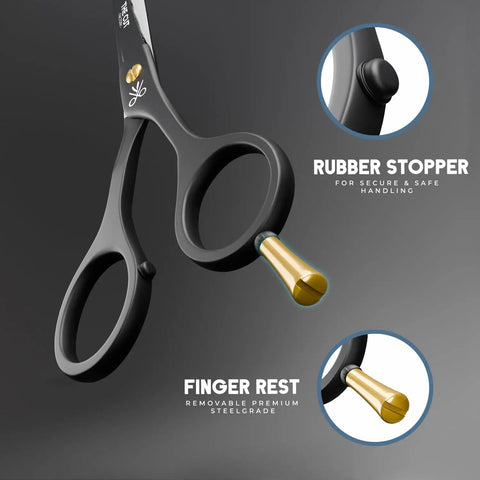 Six And A Half Inch Matte Black Luxury Hair Scissors Ultra Sharp Stainless Steel Barber Shears with rubber stopper and finger rest