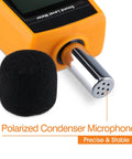 Handheld Decibel Meter With Backlight Alarm And Large LCD Display, Measures 30 To 130 dBA, showing condenser microphone detail.