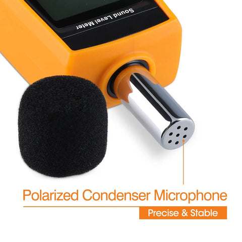 Handheld Decibel Meter With Backlight Alarm And Large LCD Display, Measures 30 To 130 dBA, showing condenser microphone detail.