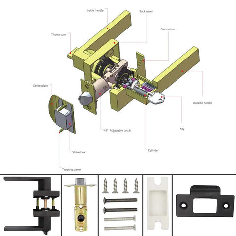 Diagram and components of Privacy Door Lever With Lock Matte Black Door Handle Set For Interior Doors Heavy Duty Keyless Locksets