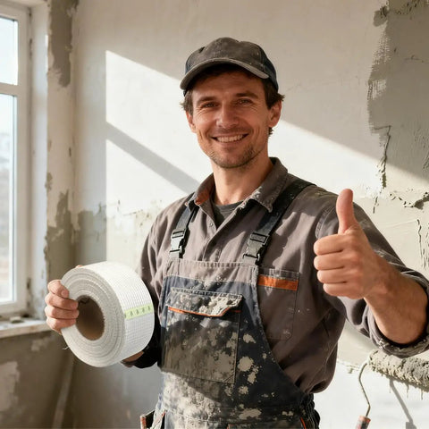 Heavy Duty Self Adhesive Fiberglass Mesh Drywall Joint Tape 1.97 Inch By 180 Feet For Wall Crack Repairs Seam Patches And Spackle Projects Built Tough For Long Lasting Smooth Walls, worker holding roll