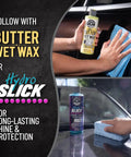Hands applying Butter Wet Wax and Hydro Slick to car surface for detailed shine.