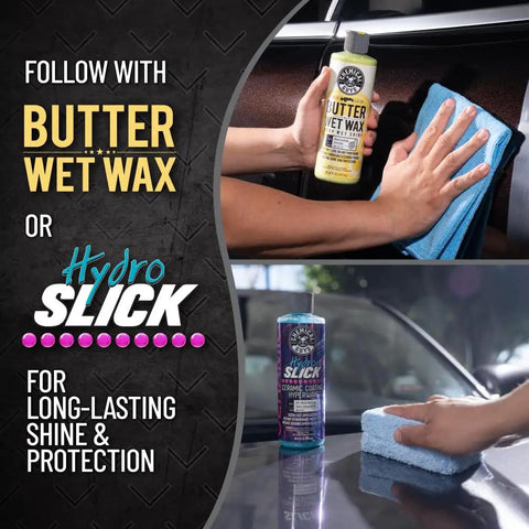 Hands applying Butter Wet Wax and Hydro Slick to car surface for detailed shine.