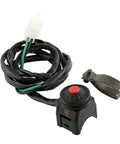 Universal Motorbike Kill Switch And Horn Button For 22mm Handlebars Black ABS Durable One Piece Switch With Easy Mount For Seven Eighths Inch Bars Fits Most Motorcycles. black ABS handlebar switch with wire, horn button, and clamp