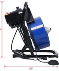 Pro Grade Electric Drain Auger With 60 Ft Flexible Wire Cable and Four Swappable Cutters on a heavy steel drum with foot switch.