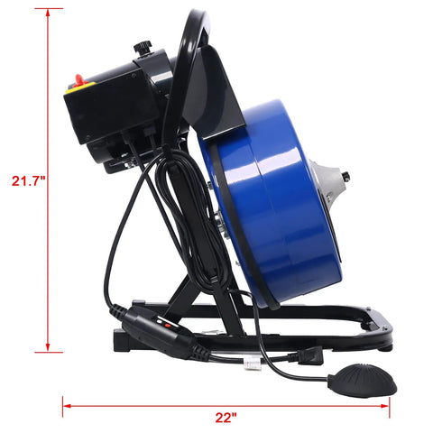 Pro Grade Electric Drain Auger With 60 Ft Flexible Wire Cable and Four Swappable Cutters on a heavy steel drum with foot switch.