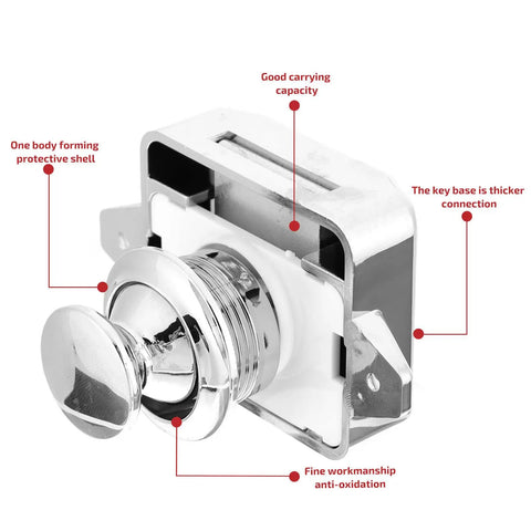 Close-up of Push Button Cabinet Door Latch Locks 5 Pack For Zinc Alloy And ABS Material In Silver Finish with annotations
