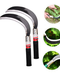 Two Pack Manganese Steel Garden Sickle Tool Set, Ergonomic Hand Weeder For Weeding Mowing Harvesting And Yard Work, Durable Reaping Hooks For Agriculture And Garden Tasks shown with close-up of blade cutting grass